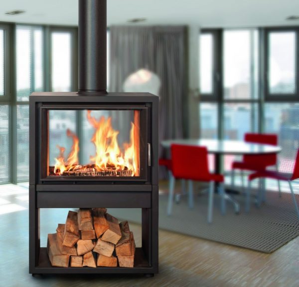 konturo surround for freestanding fire, minimalist fire surround, freestanding fire, high cabinet for freestanding fire, bodart & gonay surround for concept green range, freestanding fire with wood storage underneath, double sided freestanding stove
