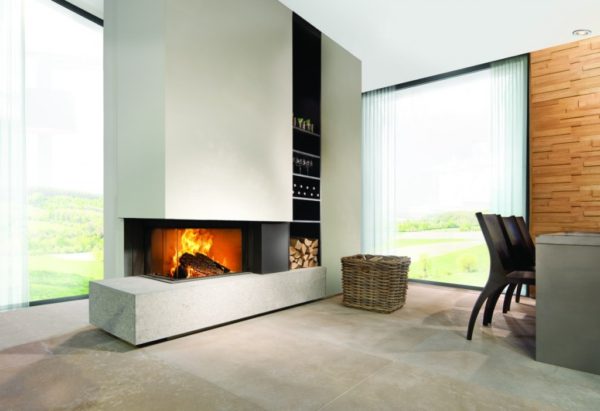 heat pure 65 corner woodburner, kal fire, kal fireplace, retracting glass door, retractable glass door, highly efficient fire, built in fire, insert fire, frameless fire, contemporary woodburner, corner woodburner fire