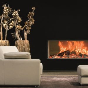 heat pure 120 front woodburner, kal fire, kal fireplace, retracting glass door, retractable glass door, highly efficient fire, built in fire, insert fire, frameless fire, contemporary woodburner, front fire