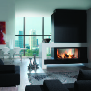 heat pure 105 tunnel woodburner, kal fire, kal fireplace, retracting glass door, retractable glass door, highly efficient fire, built in fire, insert fire, frameless fire, contemporary woodburner, tunnel woodburner fire, double sided fire, see through fire