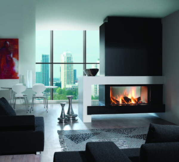 heat pure 105 tunnel woodburner, kal fire, kal fireplace, retracting glass door, retractable glass door, highly efficient fire, built in fire, insert fire, frameless fire, contemporary woodburner, tunnel woodburner fire, double sided fire, see through fire
