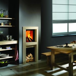 heat pure 45 woodburner, kal fire, kal fireplace, retracting glass door, retractable glass door, highly efficient fire, built in fire, insert fire, frameless fire, contemporary woodburner
