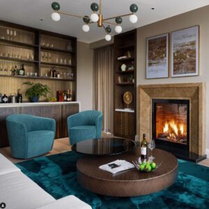 Gianni fireplace with brick backing in Light brown Emperador marble with Riva 750 gas appliance
